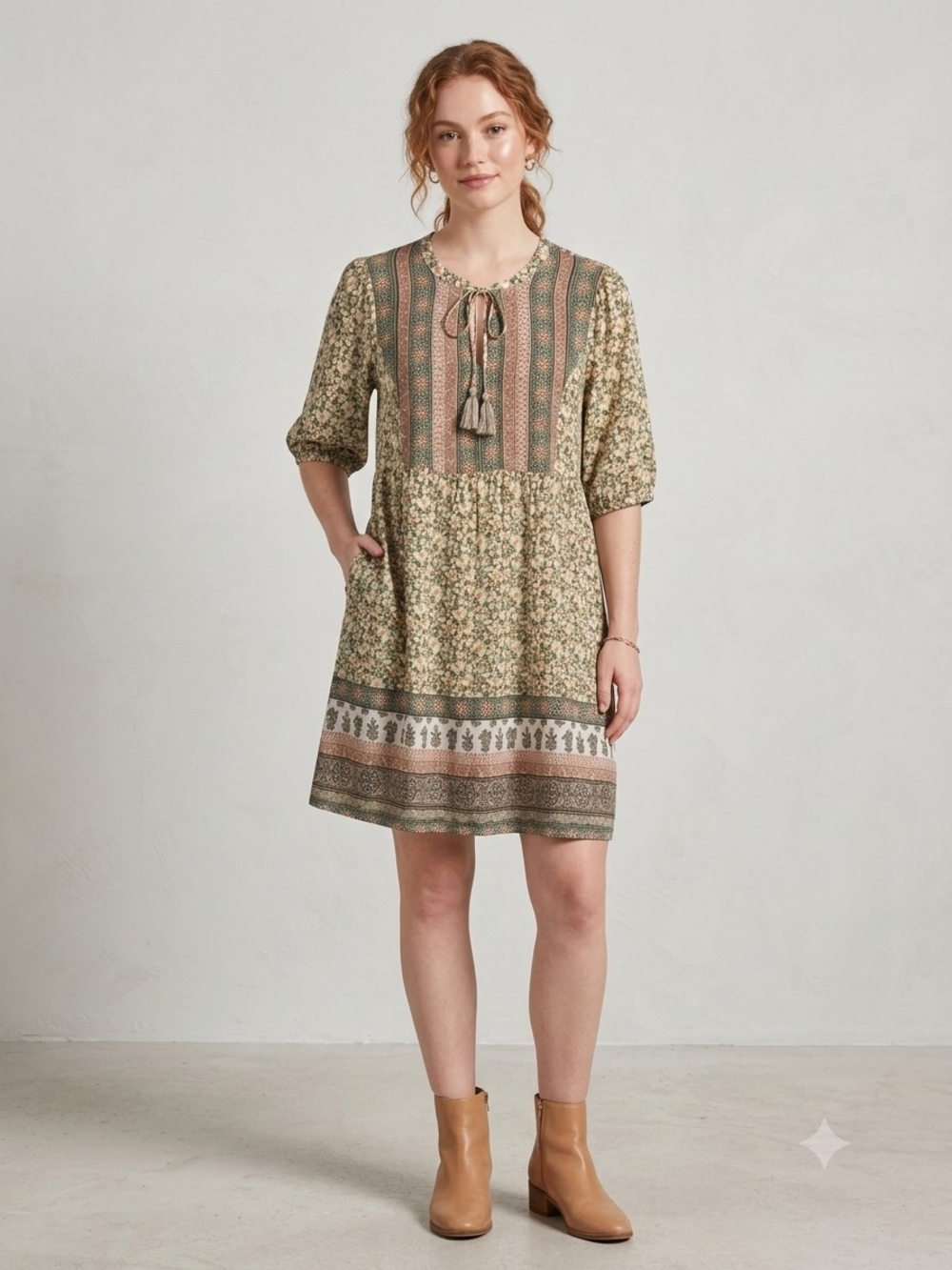 Knox Rose Olive Green Floral Border Print  Midi Dress
